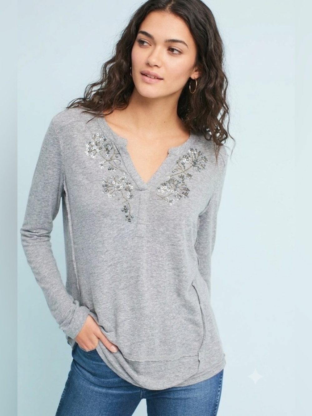 Anthropologie‎ Akemi + Kin Y2K Linen Blend Embroidered Long Sleeve Top